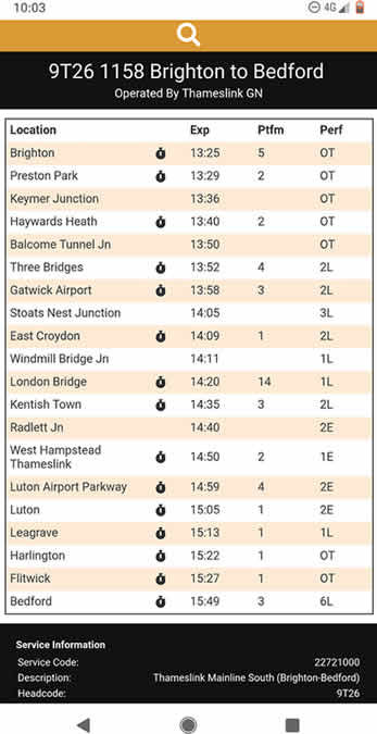 Live train times schedule page screenshot