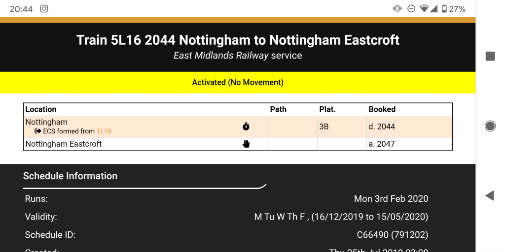 Non passenger timetable